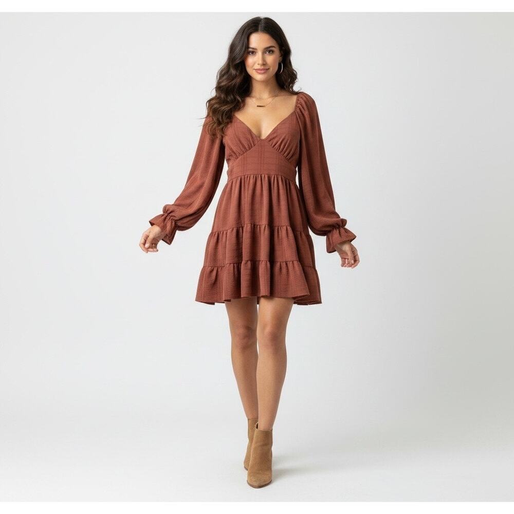Altar’d State Nadalyn Rust Orange Long Puff Sleeve Tiered Babydoll Mini Dress L